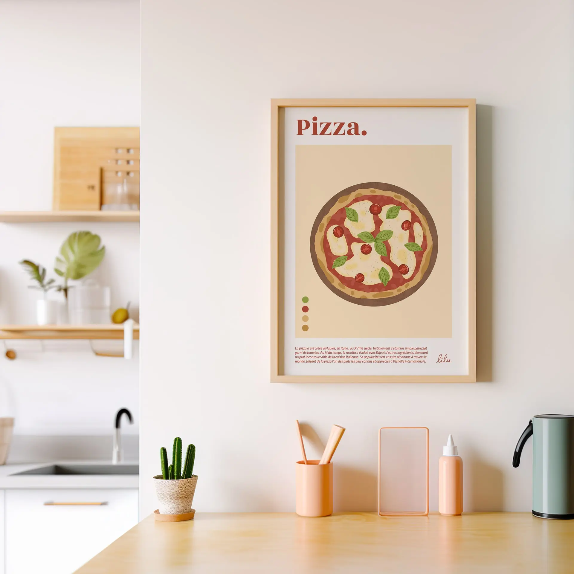 affiche-pizza-margarita-cuisine-italie Un poster décoratif dans la cuisine représentant une pizza margherita avec des tomates, du fromage et du basilic
