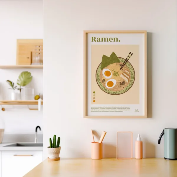 Un poster décoratif dans la cuisine représentant un bol de ramen japonais avec des oeufs, des nouilles et de la viande