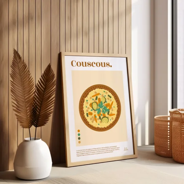 Un poster décoratif représentant un couscous dans un plat tajine avec des légumes et de la semoule