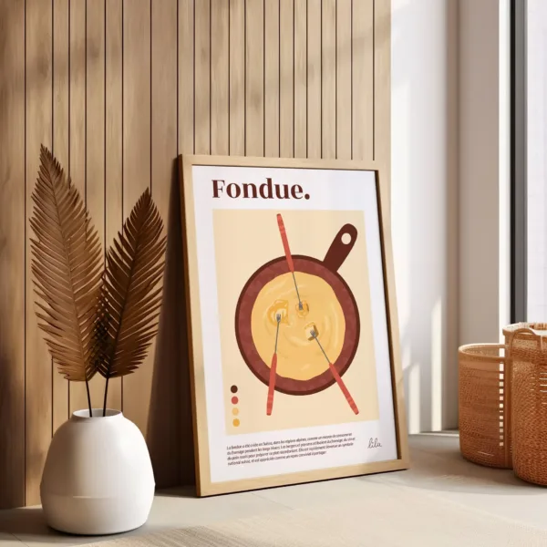 Un poster décoratif représentant une fondue suisse avec un caquelon, trois pics et un mélange de trois fromages