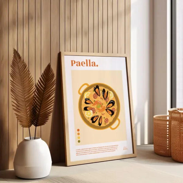 Un poster décoratif représentant une paella espagnole avec des moules, du chorizo, du riz et des crevettes
