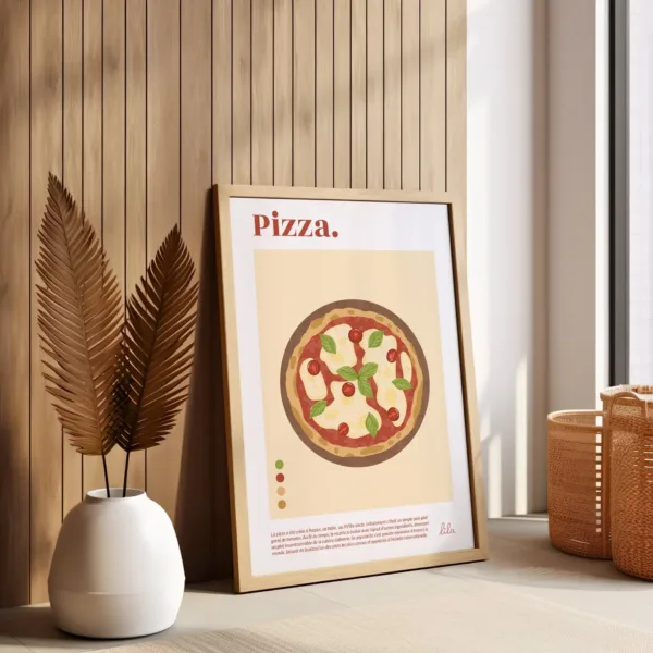 Un poster décoratif représentant une pizza margherita avec des tomates, du fromage et du basilic