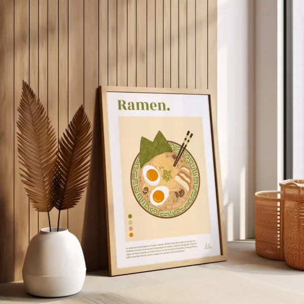 Un poster décoratif représentant un bol de ramen japonais avec des oeufs, des nouilles et de la viande