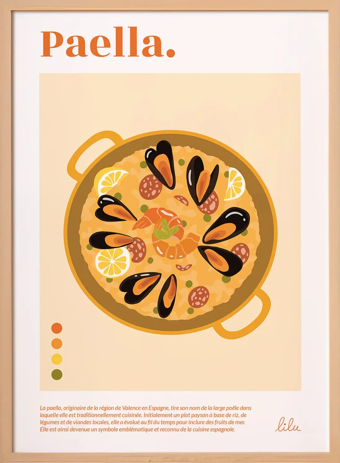 Une affiche de la paella plat typique espagnol avec du riz, des moules, du chorizo et des crevettes