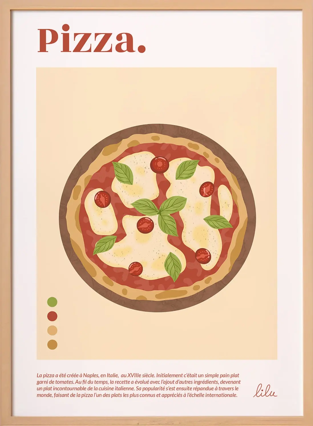 Une affiche d'une pizza plat typique italien avec de la tomate, du fromage et du basilic