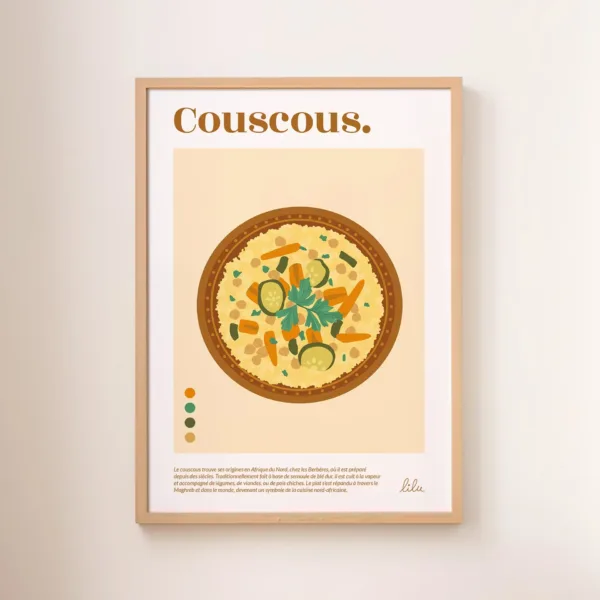 Une affiche représentant un couscous dans un plat tajine avec des légumes et de la semoule