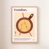 Une affiche représentant une fondue suisse avec un caquelon, trois pics et un mélange de trois fromages