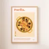 Une affiche représentant une paella espagnole avec des moules, du chorizo, du riz et des crevettes