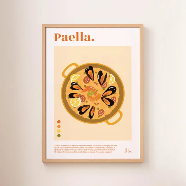 Une affiche représentant une paella espagnole avec des moules, du chorizo, du riz et des crevettes