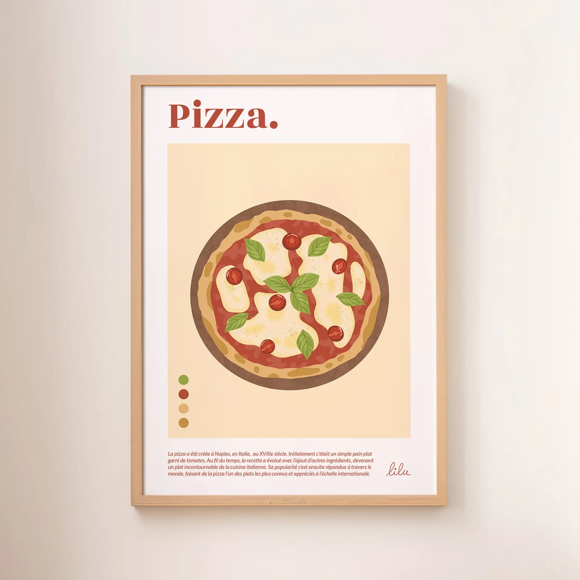 poster-pizza-margarita-cuisine-italie Une affiche représentant une pizza margherita avec des tomates, du fromage et du basilic