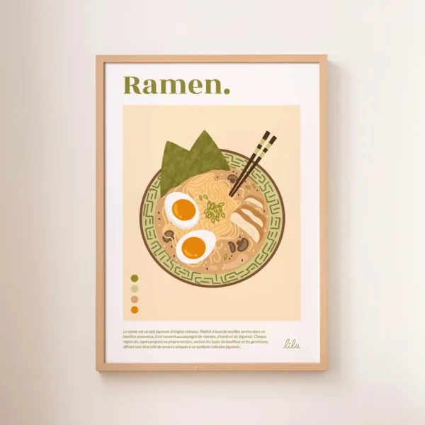 Une affiche représentant un bol de ramen japonais avec des oeufs, des nouilles et de la viande