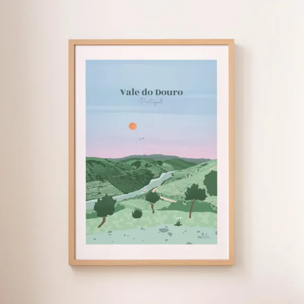 Une affiche des vignes de la vallée du Douro au Portugal dans les tons bleus