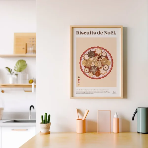 Une affiche représentant une assiette de biscuits de Noël accrochée au mur dans une cuisine