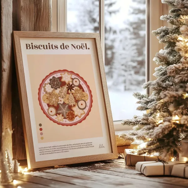 Une affiche représentant une assiette de biscuits de Noël au pied d'un sapin de Noël dans le salon