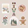 Un pack de six stickers de Noël comprenant un pain d'épice, un gui, des biscuits, une boule à neige, un village de noël et un casse noisette
