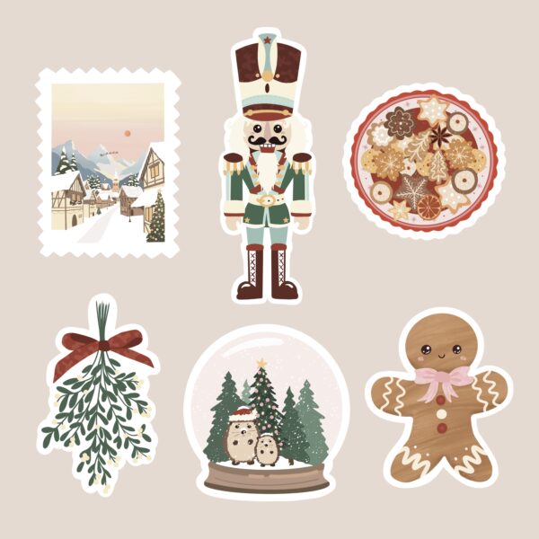 Un pack de six stickers de Noël comprenant un pain d'épice, un gui, des biscuits, une boule à neige, un village de noël et un casse noisette