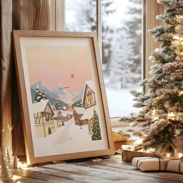 Un cadre représentant un village de Noël au pied d'un sapin de Noël dans le salon