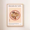 Une affiche représentant une assiette de biscuits de Noël en forme de sapins et d'étoiles accrochée au mur