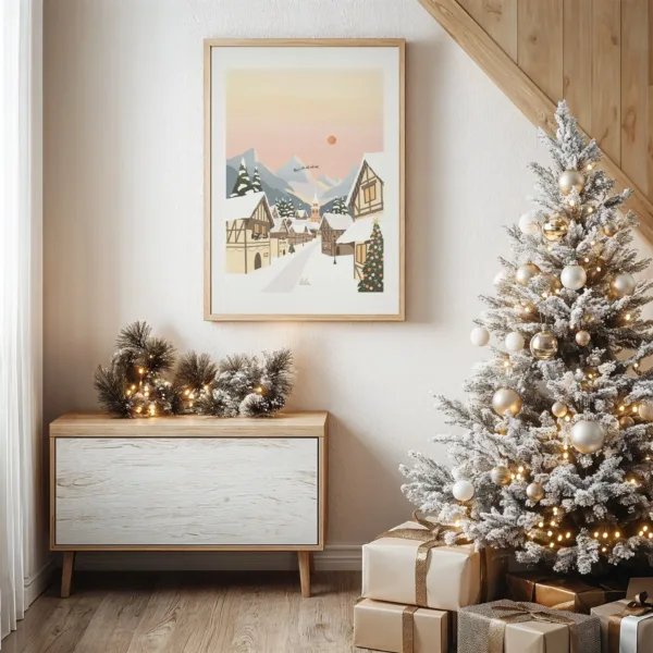 Une affiche représentant un village de Noël accrochée au mur à coté d'un sapin de Noël dans le salon